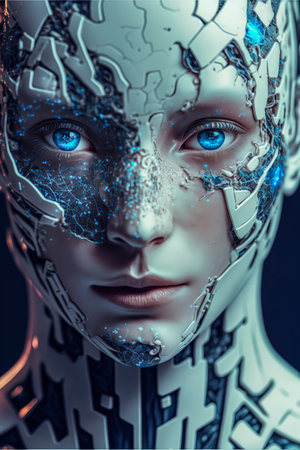 humanoid looking cyborg robot head with blue led electronic parts and circuits, satin white armor parts, created with Generative AI technologyの素材