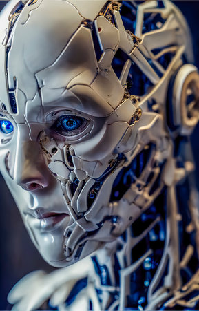 Intelligence, humanoid looking cyborg robot head with blue led electronic parts and circuits, satin white armor parts, created with Generative AI technologyの素材