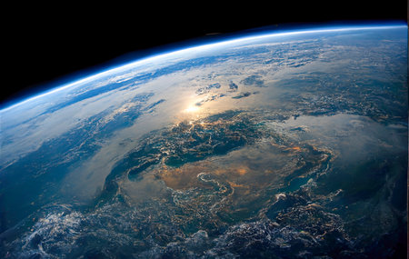Planetary, view from space of planet earth. background stars and clouds and continents below, created with Generative AI technologyの素材