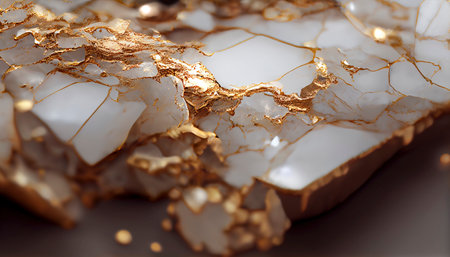 piece of white marble with fine golden threads, kintsugi, japanese art. decorative pieces for jewelry or luxury background created with Generative AI technologyの素材