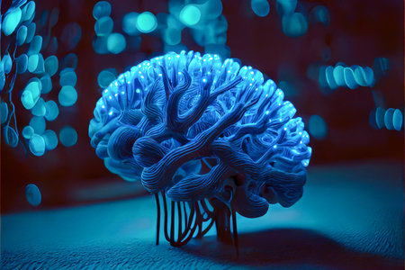 brain neuron neural communication and technology concept, brain in blue lights and electronic circuits, created with Generative AI technologyの素材