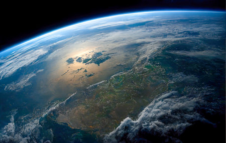 view from space of planet earth. background stars and clouds and continents below, created with Generative AI technologyの素材