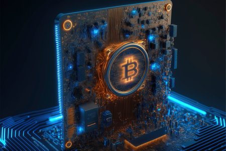 bitcoin crypto mining concept, cryptocurrencies on technology background, cpu, GPU process and blockchain mining, created with Generative AI technologyの素材