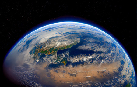 view from space of planet earth. background stars and clouds and continents below, created with Generative AI technologyの素材