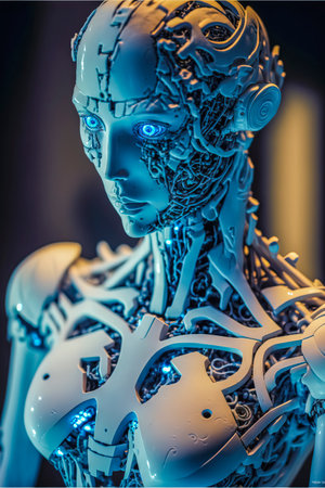Cyber, humanoid looking cyborg robot head with blue led electronic parts and circuits, satin white armor parts, created with Generative AI technologyの素材