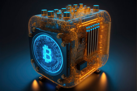 cryptocurrency, bitcoin crypto mining concept, cryptocurrencies on technology background, cpu, GPU process and blockchain mining, created with Generative AI technologyの素材
