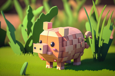 Pig, animals made of 3d cubes, voxel illustration for video games or illustrating 3d animation and vfx studios, created with Generative AI technologyの素材
