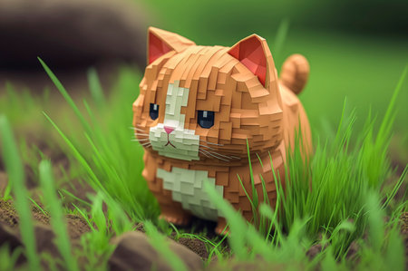 Cat, animals made of 3d cubes, voxel illustration for video games or illustrating 3d animation and vfx studios, created with Generative AI technologyの素材