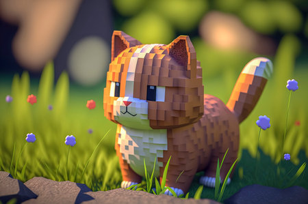 Cat, animals made of 3d cubes, voxel illustration for video games or illustrating 3d animation and vfx studios, created with Generative AI technologyの素材