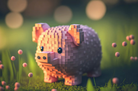 Pig, animals made of 3d cubes, voxel illustration for video games or illustrating 3d animation and vfx studios, created with Generative AI technologyの素材