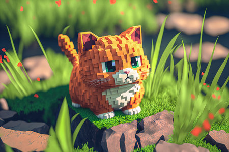 Cat, animals made of 3d cubes, voxel illustration for video games or illustrating 3d animation and vfx studios, created with Generative AI technologyの素材