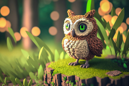 Owl, animals made of 3d cubes, voxel illustration for video games or illustrating 3d animation and vfx studios, created with Generative AI technologyの素材