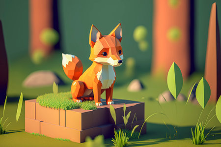 Fox, animals made of 3d cubes, voxel illustration for video games or illustrating 3d animation and vfx studios, created with Generative AI technologyの素材