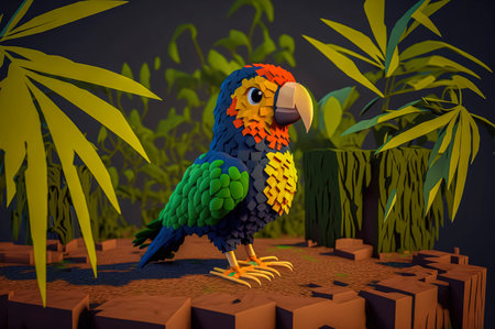Parrot, animals made of 3d cubes, voxel illustration for video games or illustrating 3d animation and vfx studios, created with Generative AI technologyの素材