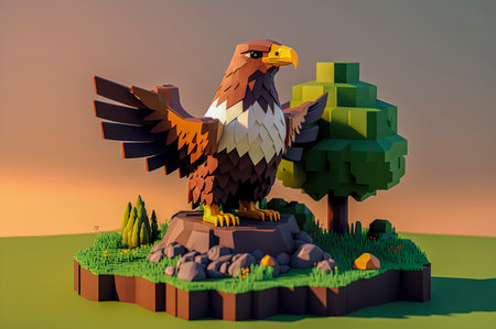 Eagle, animals made of 3d cubes, voxel illustration for video games or illustrating 3d animation and vfx studios, created with Generative AI technologyの素材