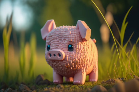 Pig, animals made of 3d cubes, voxel illustration for video games or illustrating 3d animation and vfx studios, created with Generative AI technologyの素材