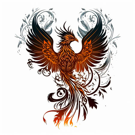 Phoenix bird tattoo sketch on white background. black ink and geometry. mythological animal created with Generative AI technologyの素材