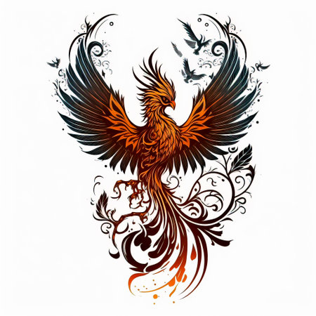 Freedom, phoenix bird tattoo sketch on white background. black ink and geometry. mythological animal created with Generative AI technologyの素材