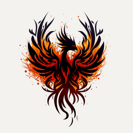 Phoenix bird tattoo sketch on white background. black ink and geometry. mythological animal created with Generative AI technologyの素材
