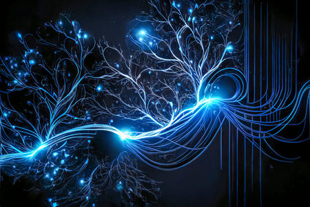 strings of led lights, modern illustration background with vibrant colors and electronic parts, created with Generative AI technologyの素材