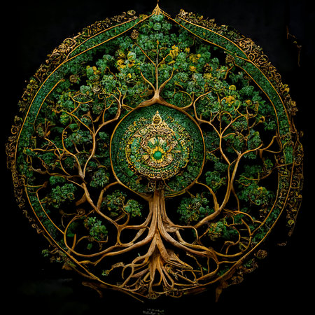 Viking triskel, tree of life, symbol of nature and natural mandala. symbolic image of Celtic, Nordic and Slavic cultures created with Generative AI technologyの素材