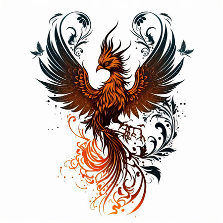 Phoenix bird tattoo sketch on white background. black ink and geometry. mythological animal created with Generative AI technologyの素材