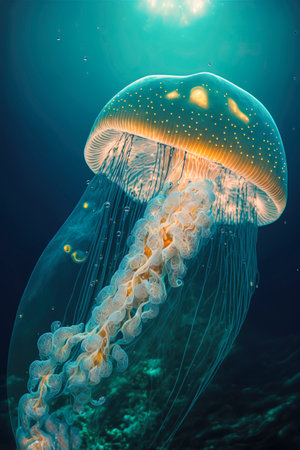 huge jellyfish at the bottom of the sea with sunlight spilling over its rubbery surface. seabed creature, created with Generative AI technologyの素材