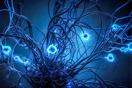 strings of led lights, modern illustration background with vibrant colors and electronic parts, created with Generative AI technologyの素材