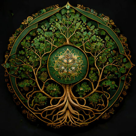 Mandala, triskel, tree of life, symbol of nature and natural mandala. symbolic image of Celtic, Nordic and Slavic cultures created with Generative AI technologyの素材