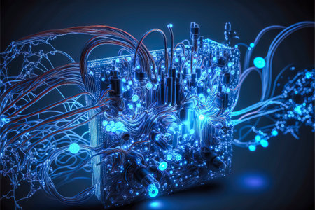 Information, strings of led lights, modern illustration background with vibrant colors and electronic parts, created with Generative AI technologyの素材