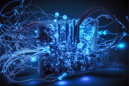 strings of led lights, modern illustration background with vibrant colors and electronic parts, created with Generative AI technologyの素材