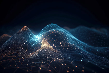 Exploring the Frontiers of Modern Technology: A Stunning Landscape of Geometric Polygons and Threaded Lights created with Generative AI technologyの素材