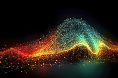 Exploring the Frontiers of Modern Technology: A Stunning Landscape of Geometric Polygons and Threaded Lights created with Generative AI technologyの素材