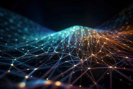 Exploring the Frontiers of Modern Technology: A Stunning Landscape of Geometric Polygons and Threaded Lights created with Generative AI technologyの素材