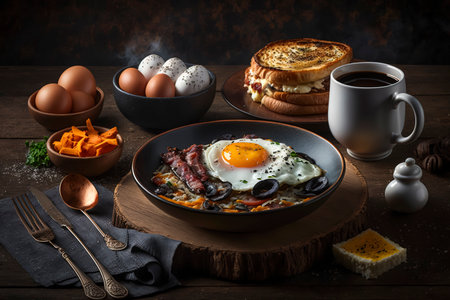 Rustic breakfast table with eggs and bacon healthy eating concept created with Generative AI technologyの素材