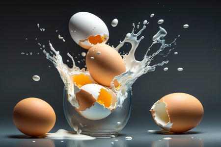 Eggs exploding over glass bowl healthy eating concept created with Generative AI technologyの素材