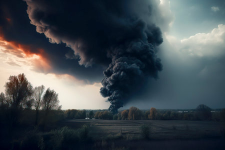 Ravaged Landscape: The Harrowing Beauty of a Black Smoke-Enveloped Scene created with Generative AI technologyの素材