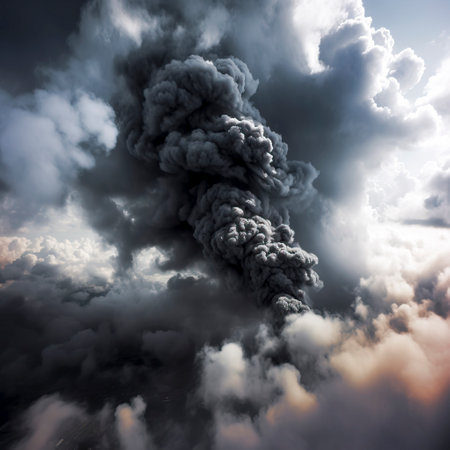 Inferno Unleashed: Intense and Ominous Capture of a Billowing Black Smoke Cloud, Portraying the Raw Power and Devastation of Unseen Forces created with Generative AI technologyの素材