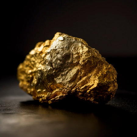 gold nugget on dark background. pure piece of gold extracted from a mine created with Generative AI technologyの素材