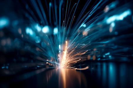 blue welding sparks, concept mechanical manufacturing, communications, modernity and progress created with Generative AI technologyの素材
