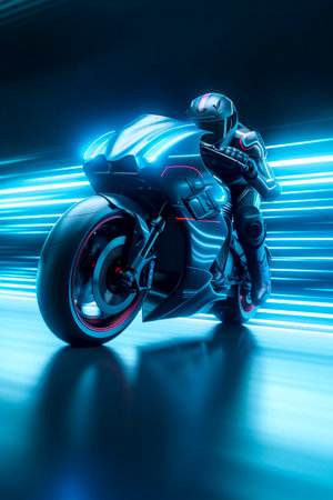 Futuristic Motorcycle Speeding Through Neon City Lights created with Generative AI technologyの素材