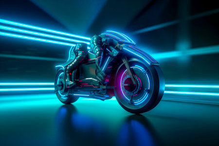Futuristic Motorcycle Speeding Through Neon City Lights created with Generative AI technologyの素材