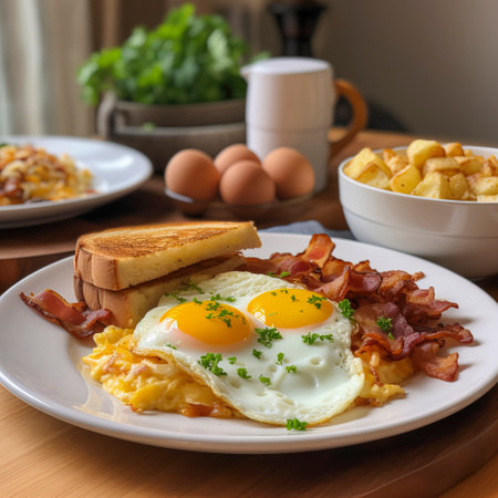 A hearty skillet breakfast featuring eggs, bacon, and potatoes, perfect for a fulfilling start to the day, created with Generative AI technology.の素材