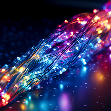 Illuminated fiber optic cables, symbolizing fast data transfer, perfect for tech themes.の素材