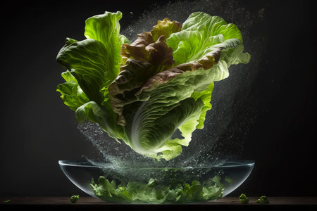 AI-generated fresh lettuce with dynamic water splash, ideal for healthy eating themesの素材