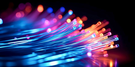 Illuminated fiber optic cables, symbolizing fast data transfer, perfect for tech themes.の素材