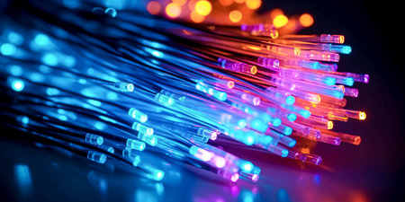 Illuminated fiber optic cables, symbolizing fast data transfer, perfect for tech themes.の素材