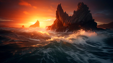 AI-generated arctic sunset, capturing the serene beauty of icebergs against a warm sky.の素材