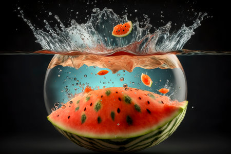 Vibrant AI-generated watermelon with a dynamic splash, perfect for summer and refreshment themes.の素材