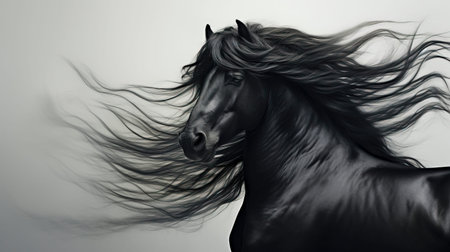 Evocative AI-created image of a black horse with a flowing mane, ideal for dynamic equine themes.の素材